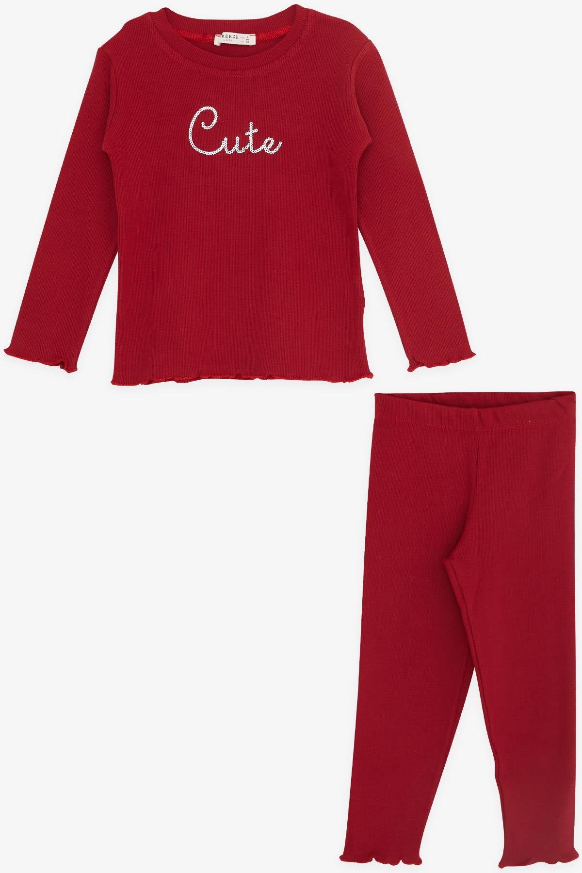 Breeze Kız Çocuk Taytlı Takım Pullu Yazı Nakışlı Bordo (1.5-5 Yaş)