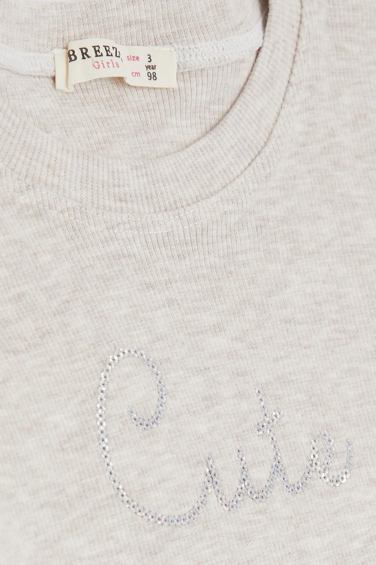 Breeze Kız Çocuk Taytlı Takım Pullu Yazı Nakışlı Bej Melanj (1.5-5 Yaş)