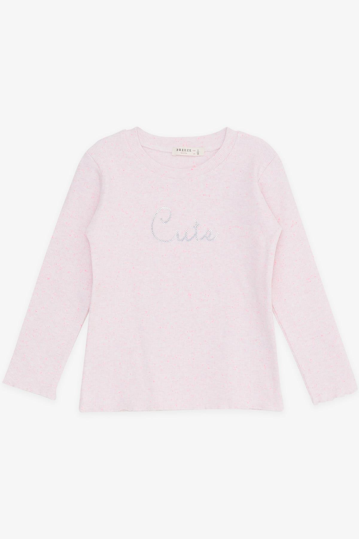 Breeze Kız Çocuk Taytlı Takım Pullu Yazı Nakışlı Pembe Melanj (1.5-5 Yaş)