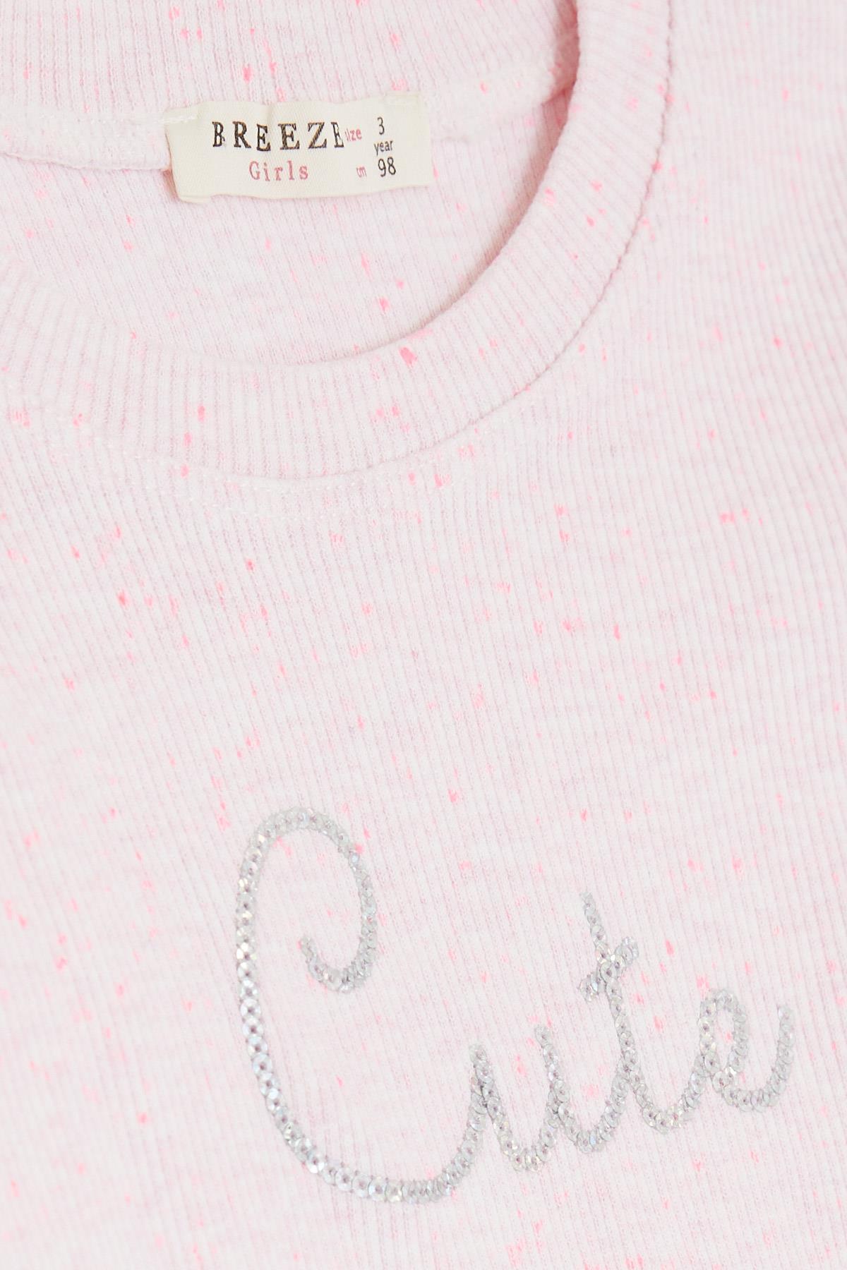 Breeze Kız Çocuk Taytlı Takım Pullu Yazı Nakışlı Pembe Melanj (1.5-5 Yaş)