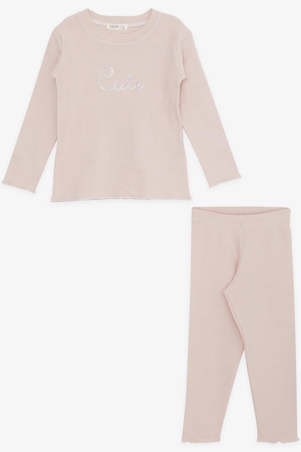 Breeze Kız Çocuk Taytlı Takım Pullu Yazı Nakışlı Pudra (1.5-5 Yaş)