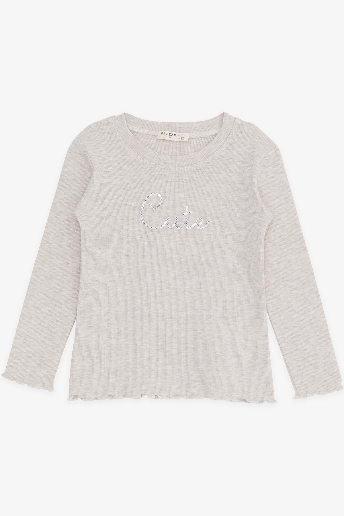 Breeze Kız Çocuk Taytlı Takım Pullu Yazı Nakışlı Bej Melanj (1.5-5 Yaş)