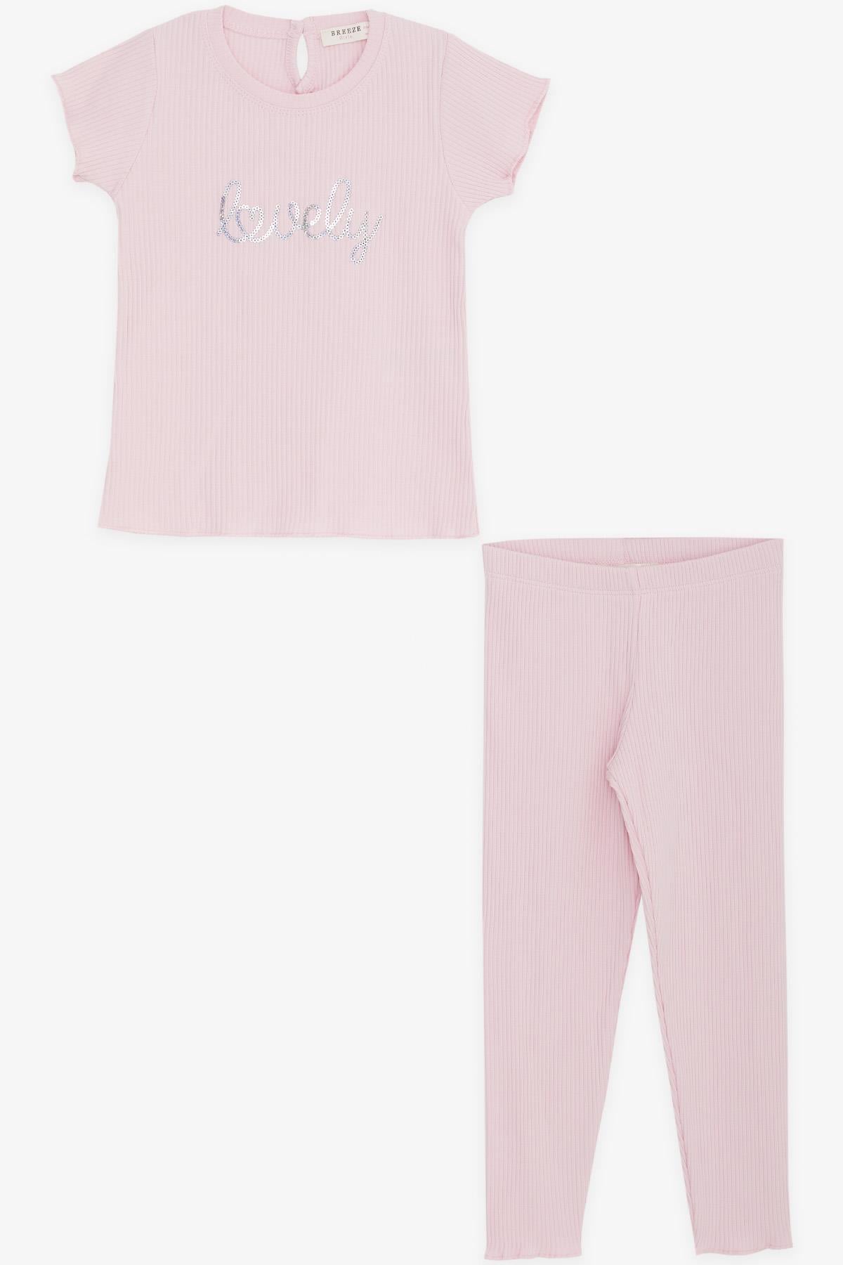 Breeze Kız Çocuk Taytlı Takım Pullu Yazı Baskılı Pembe (1-4 Yaş)