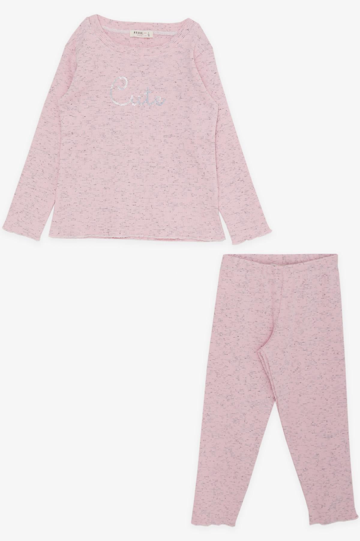 Breeze Kız Çocuk Taytlı Takım Pullu Yazı Nakışlı Pembe (1.5-5 Yaş)