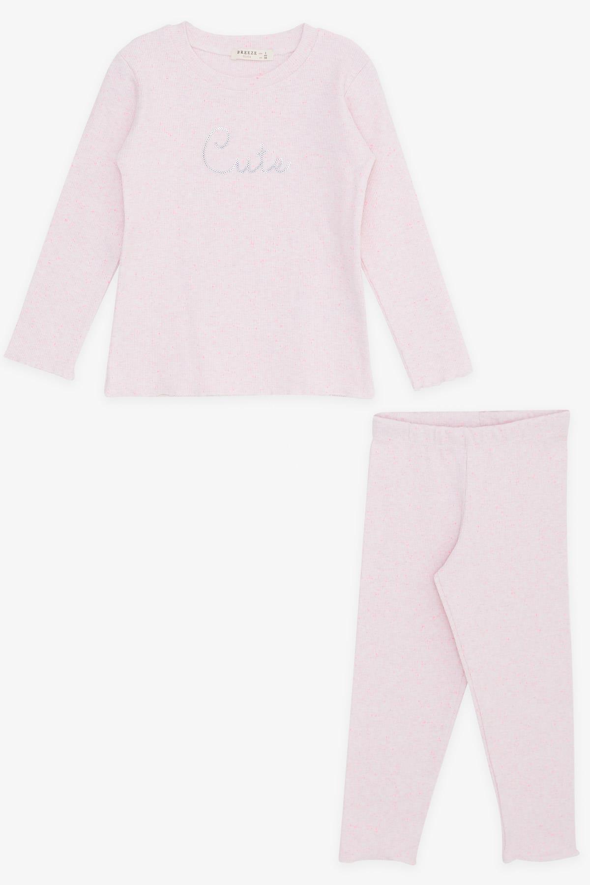 Breeze Kız Çocuk Taytlı Takım Pullu Yazı Nakışlı Pembe Melanj (1.5-5 Yaş)