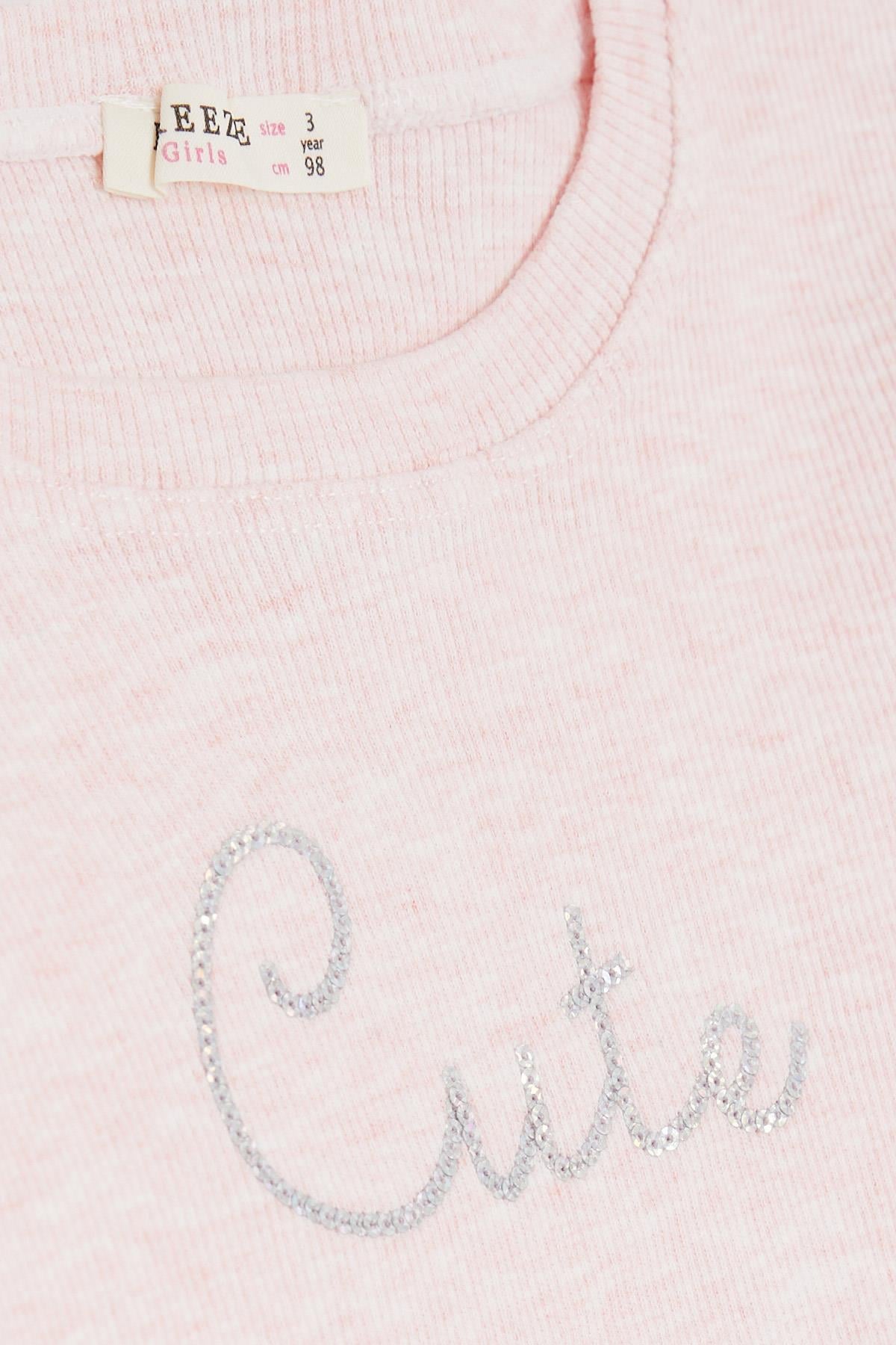 Breeze Kız Çocuk Taytlı Takım Pullu Yazı Nakışlı Pembe Melanj (1.5-5 Yaş)