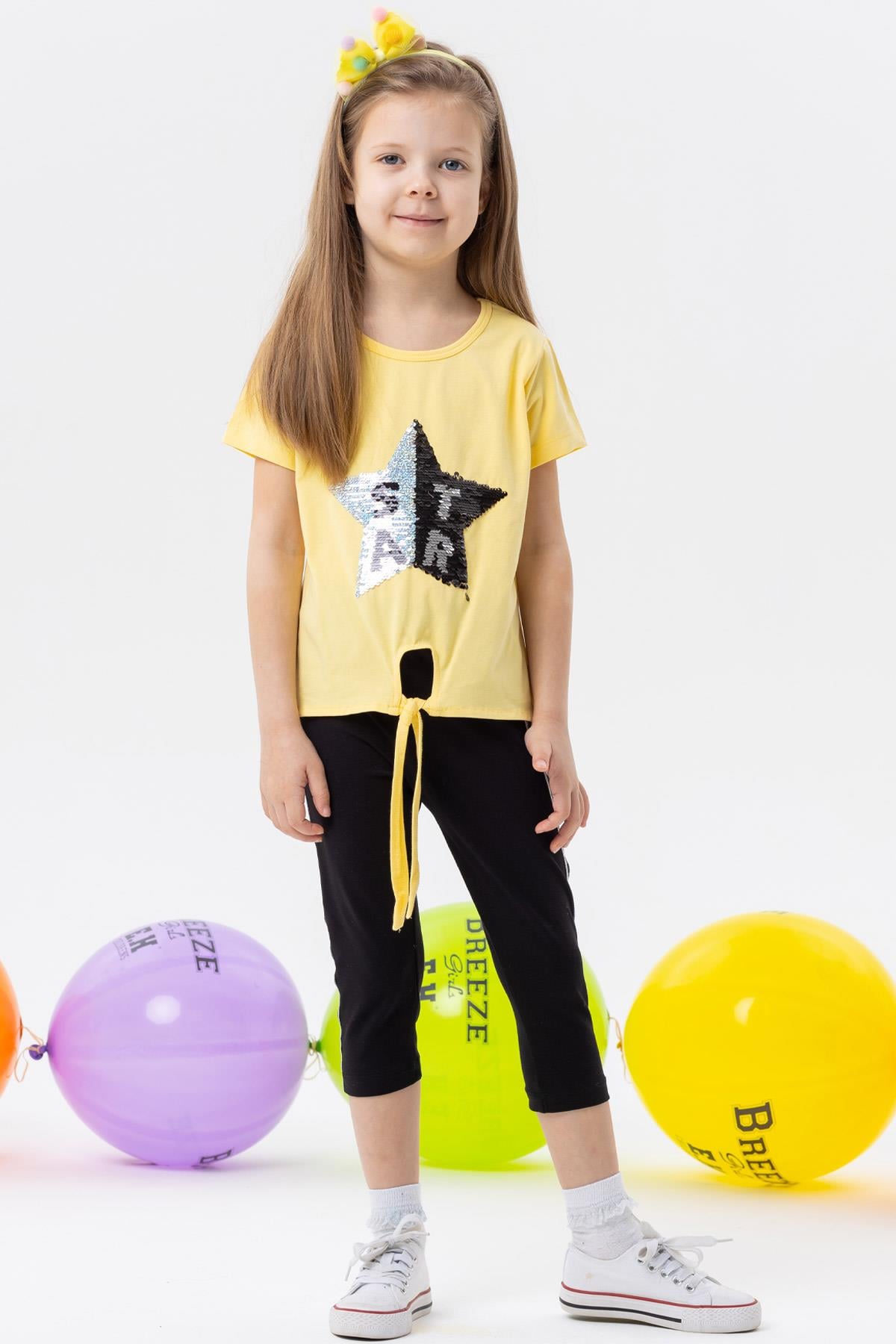Breeze Kız Çocuk Taytlı Takım Pullu Yıldız Baskılı Sarı (5-10 Yaş)