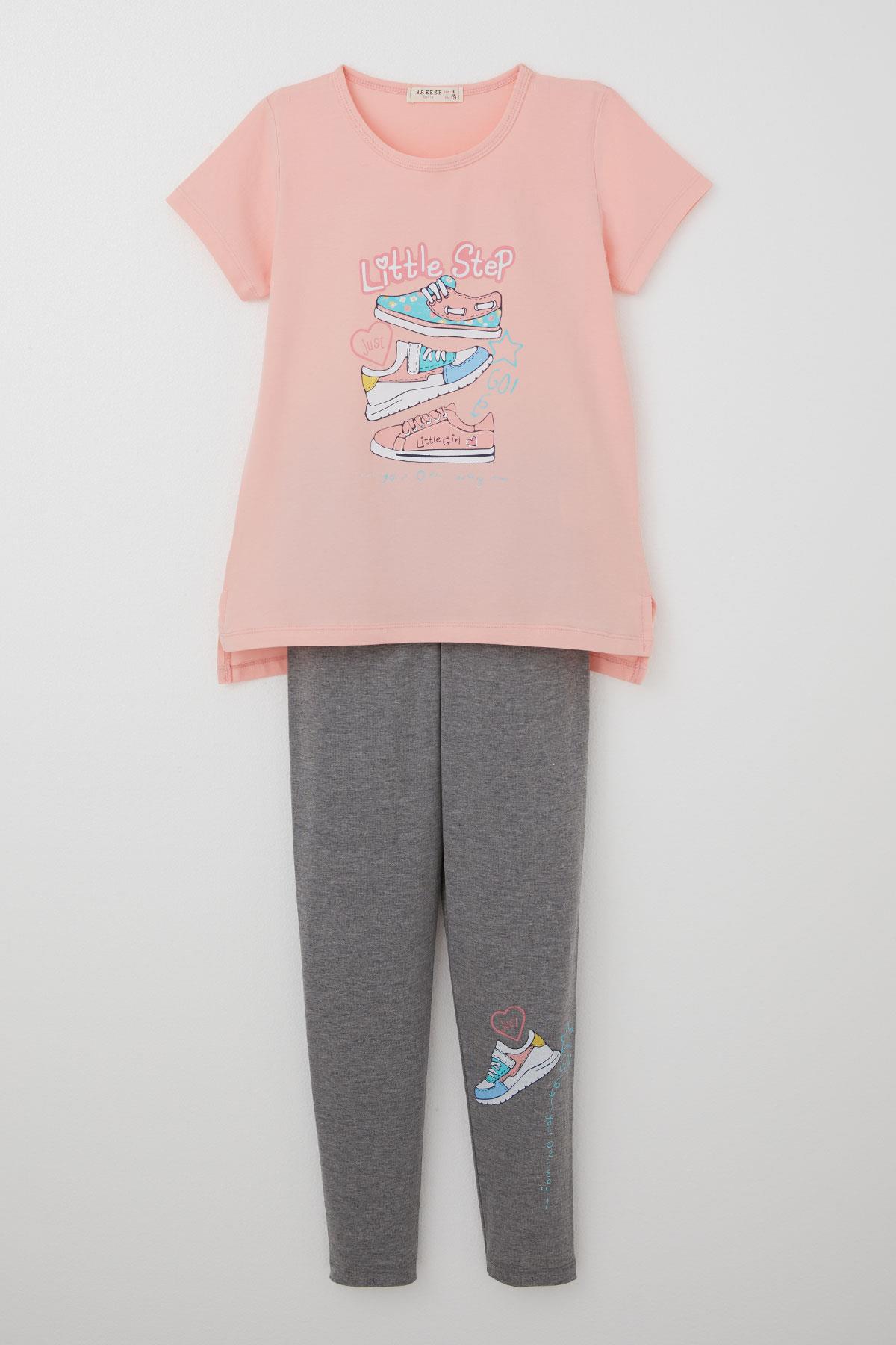 Breeze Kız Çocuk Taytlı Takım Renkli Ayakkabı Baskılı Somon (5-10 Yaş)