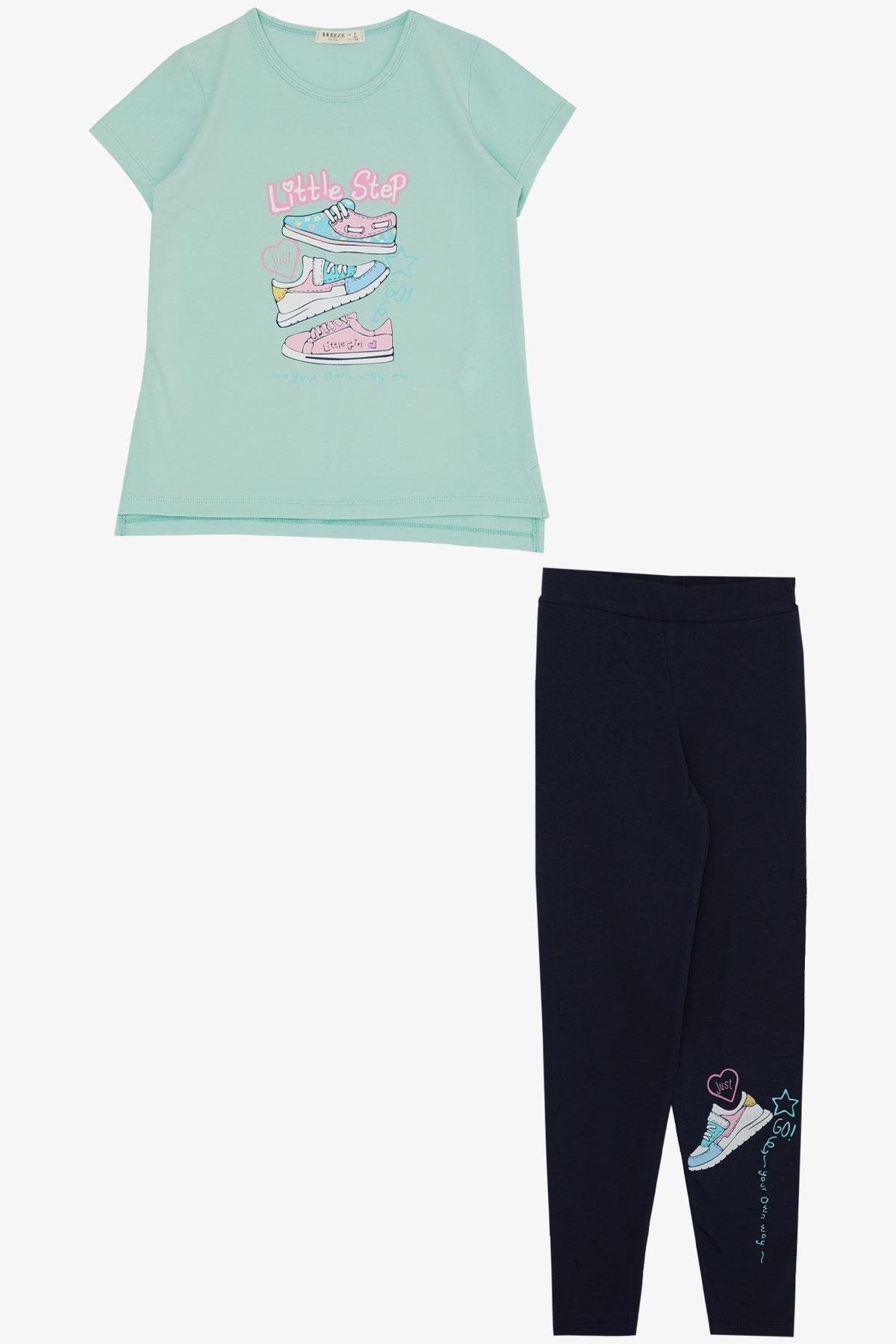 Breeze Kız Çocuk Taytlı Takım Renkli Ayakkabı Baskılı Su Yeşili (5-10 Yaş)