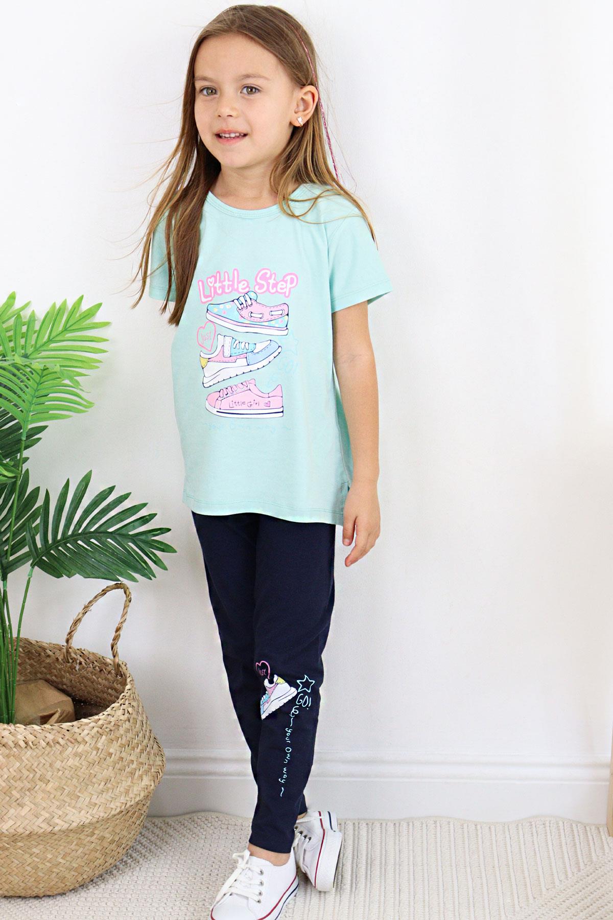 Breeze Kız Çocuk Taytlı Takım Renkli Ayakkabı Baskılı Su Yeşili (5-10 Yaş)