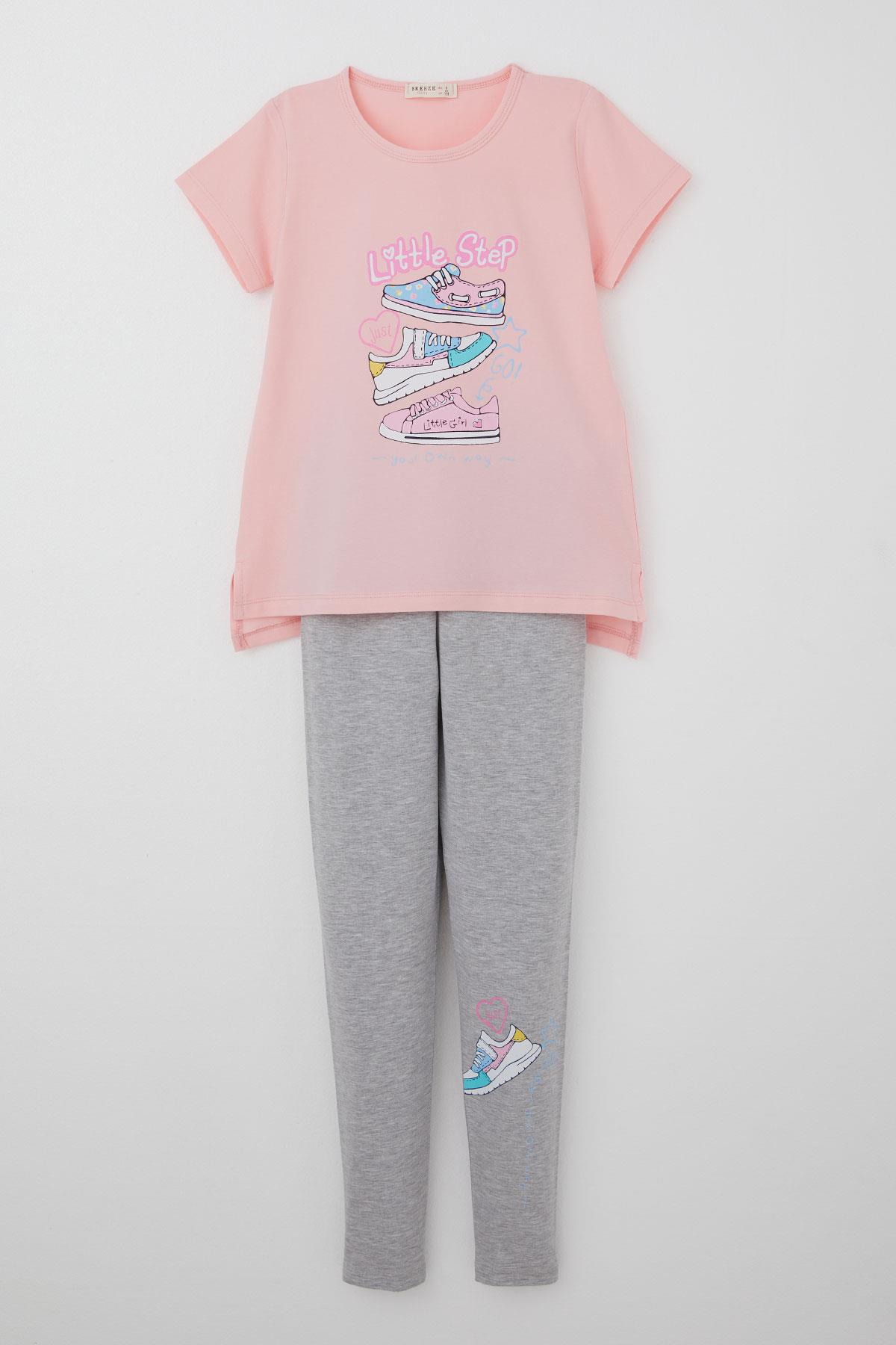 Breeze Kız Çocuk Taytlı Takım Renkli Ayakkabı Baskılı Pembe (5-10 Yaş)