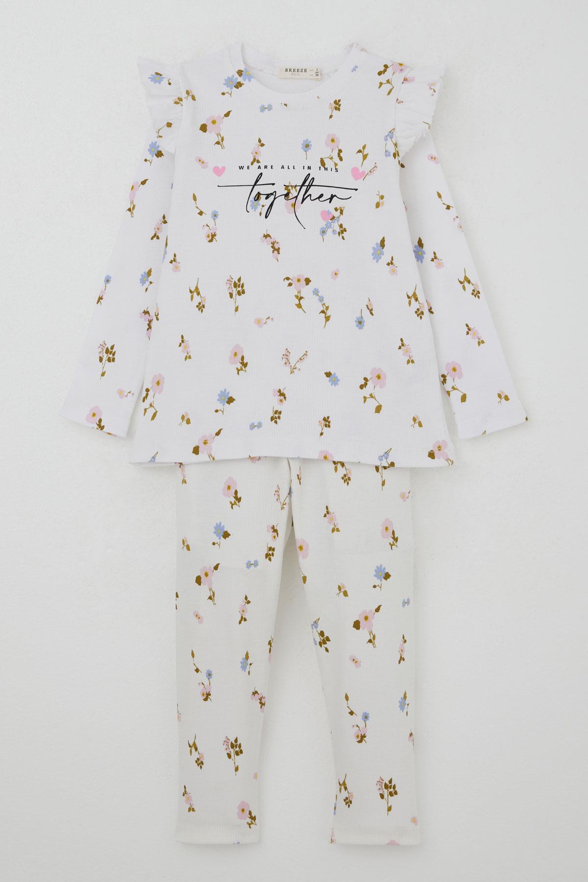 Breeze Kız Çocuk Taytlı Takım Renkli Çiçek Desenli Omuzu Fırfırlı Beyaz (2-6 Yaş)