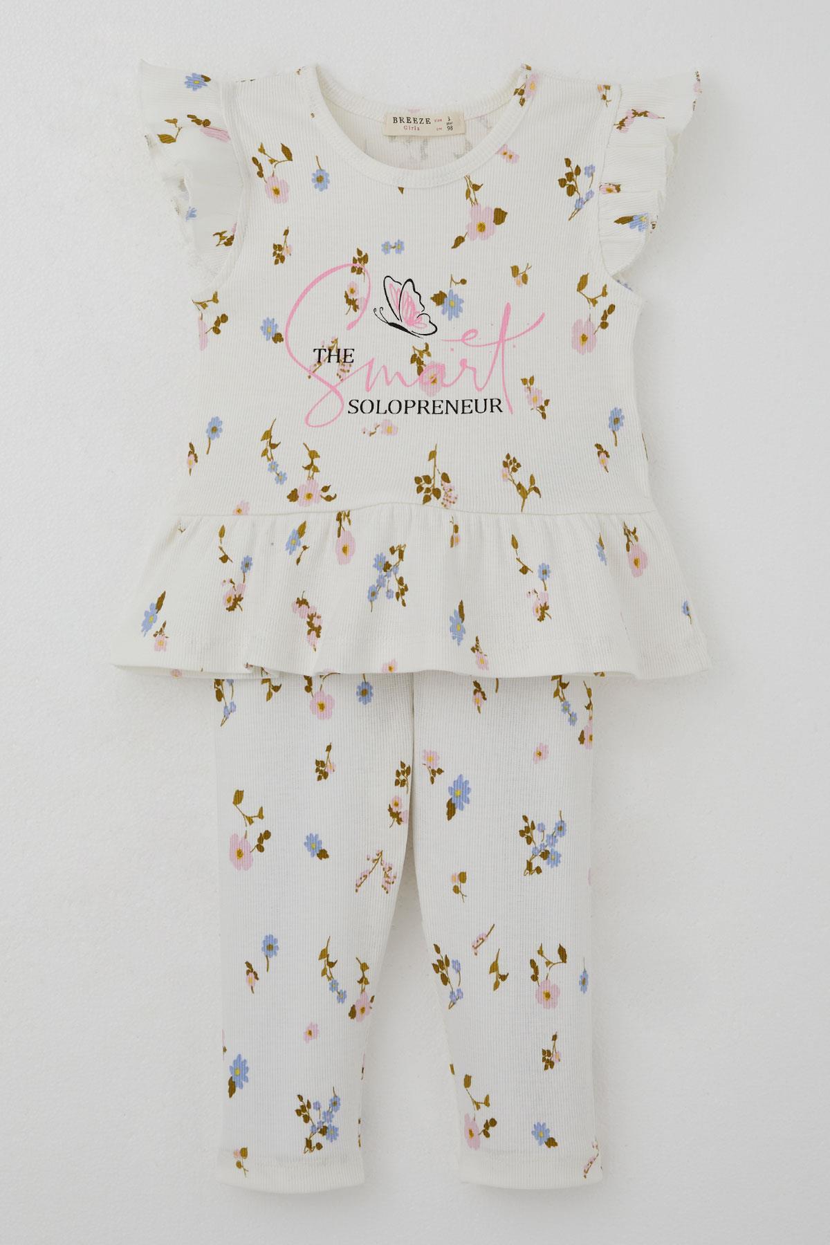 Breeze Kız Çocuk Taytlı Takım Renkli Çiçek Desenli Fırfırlı Ekru (2-6 Yaş)