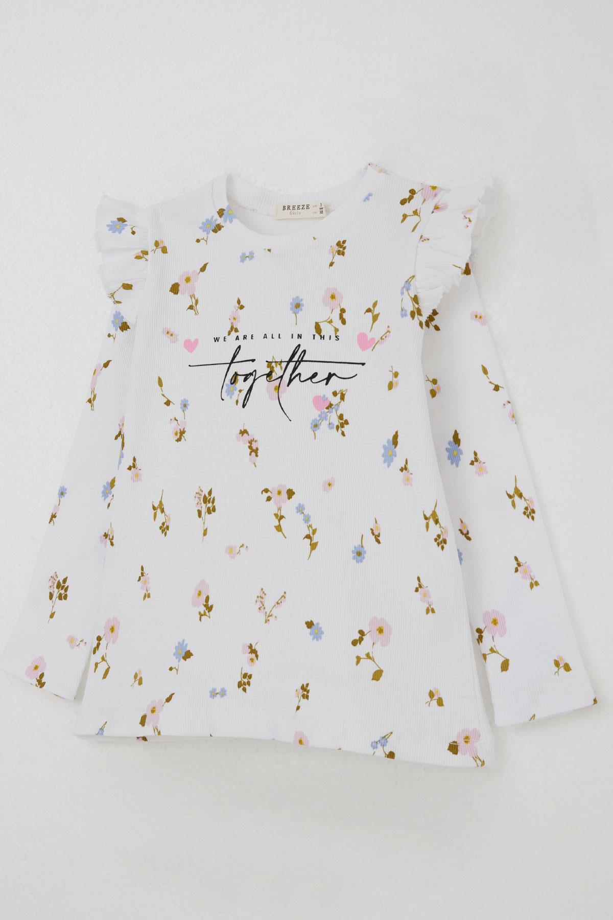Breeze Kız Çocuk Taytlı Takım Renkli Çiçek Desenli Omuzu Fırfırlı Beyaz (2-6 Yaş)