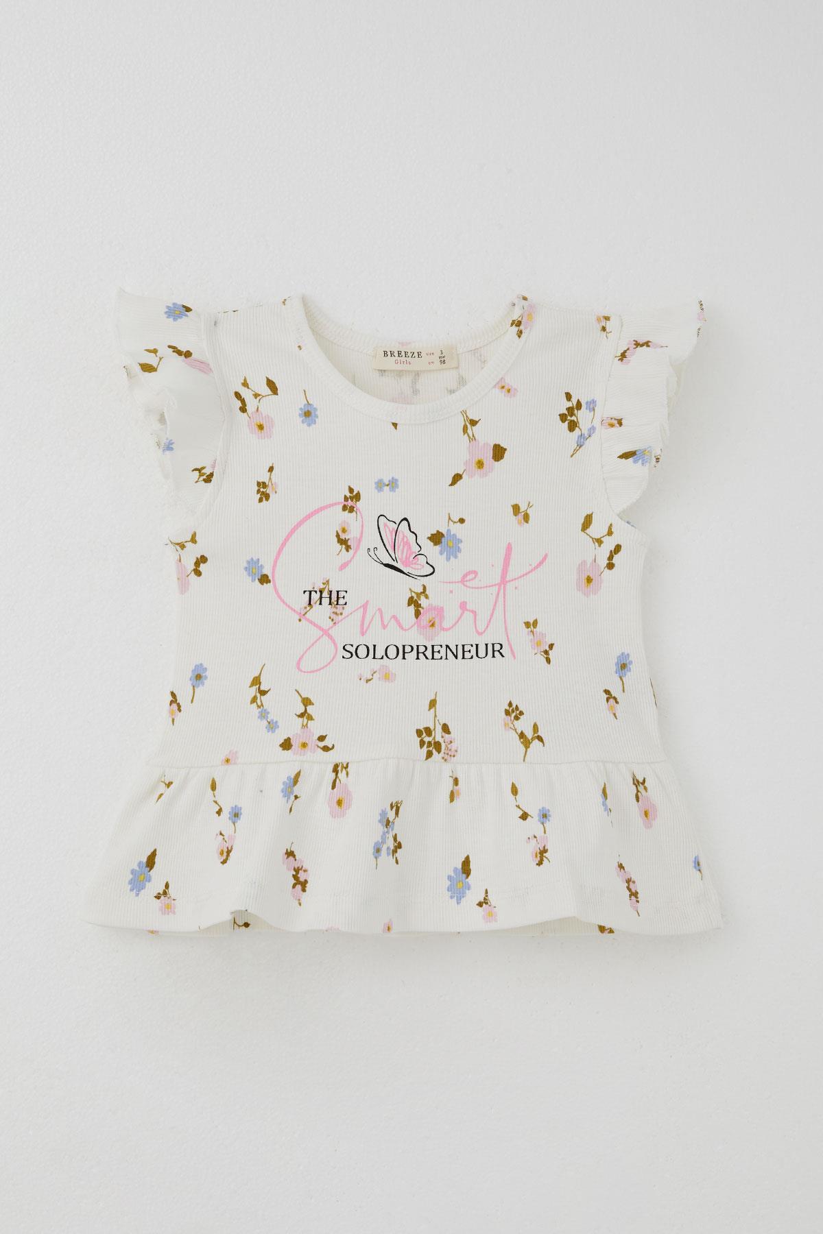 Breeze Kız Çocuk Taytlı Takım Renkli Çiçek Desenli Fırfırlı Ekru (2-6 Yaş)