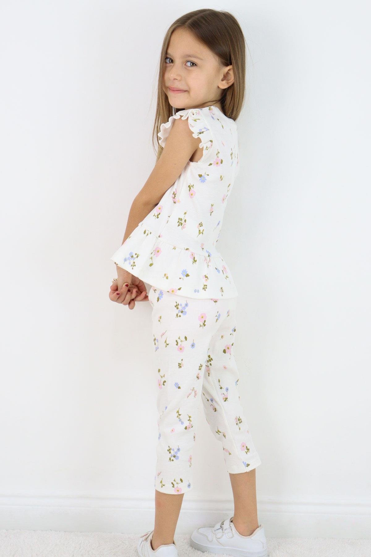 Breeze Kız Çocuk Taytlı Takım Renkli Çiçek Desenli Fırfırlı Ekru (2-6 Yaş)