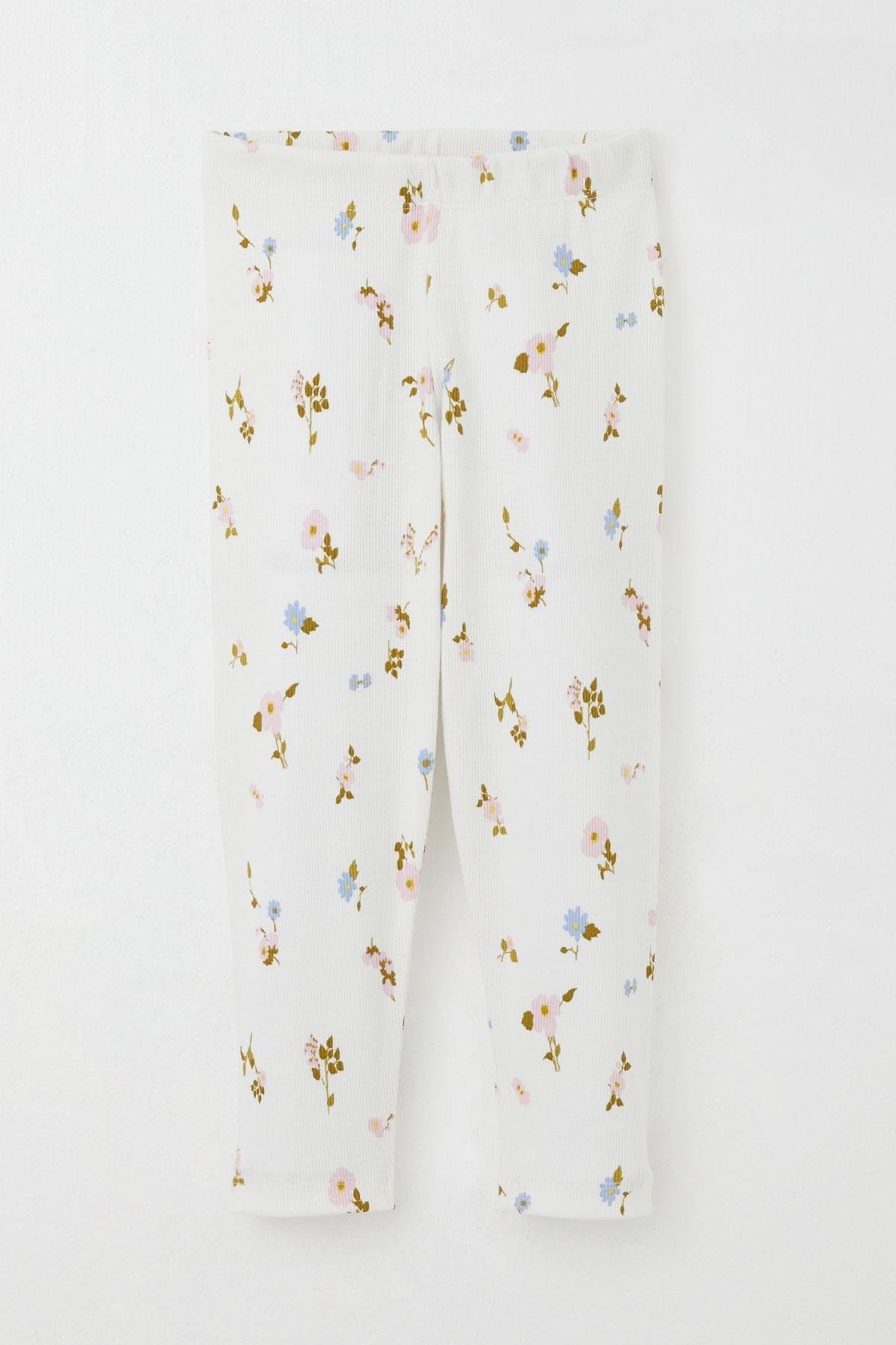 Breeze Kız Çocuk Taytlı Takım Renkli Çiçek Desenli Omuzu Fırfırlı Ekru (2-6 Yaş)