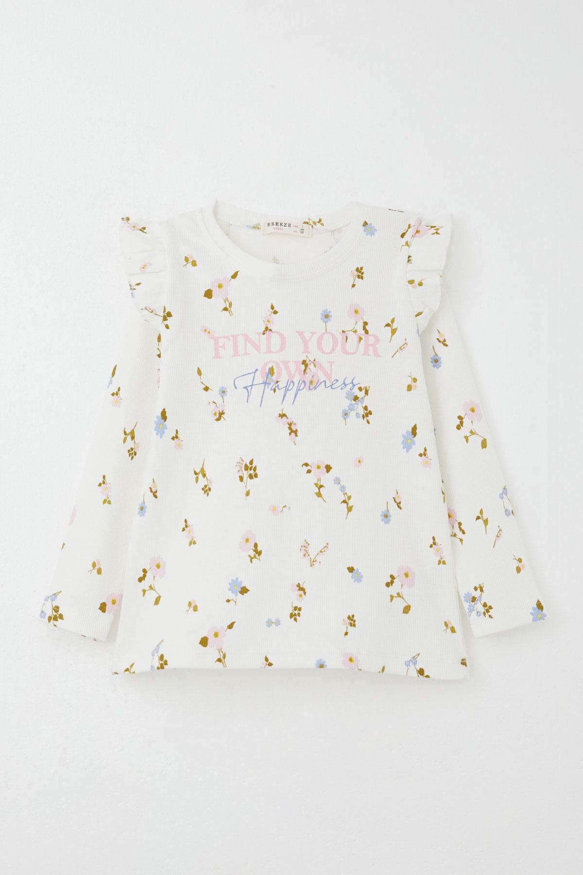 Breeze Kız Çocuk Taytlı Takım Renkli Çiçek Desenli Omuzu Fırfırlı Ekru (2-6 Yaş)