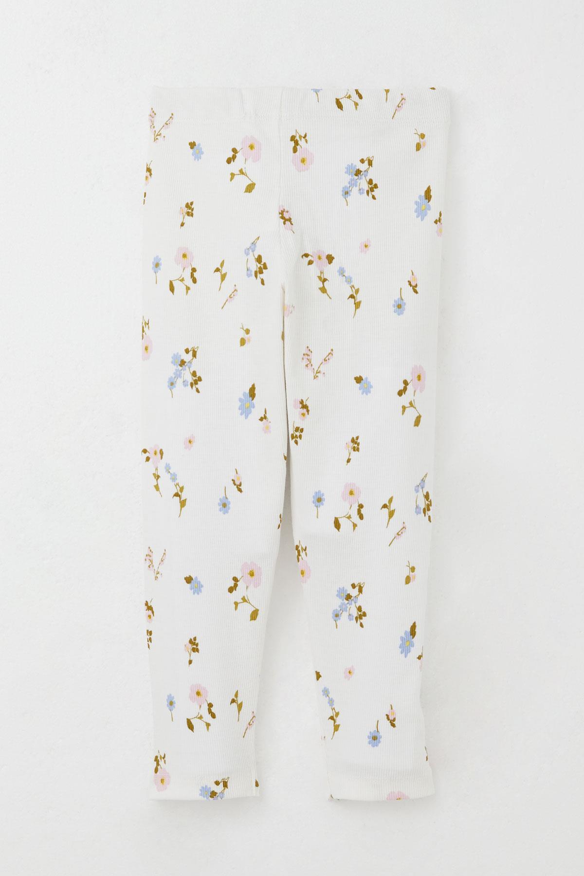 Breeze Kız Çocuk Taytlı Takım Renkli Çiçek Desenli Omuzu Fırfırlı Ekru (2-6 Yaş)