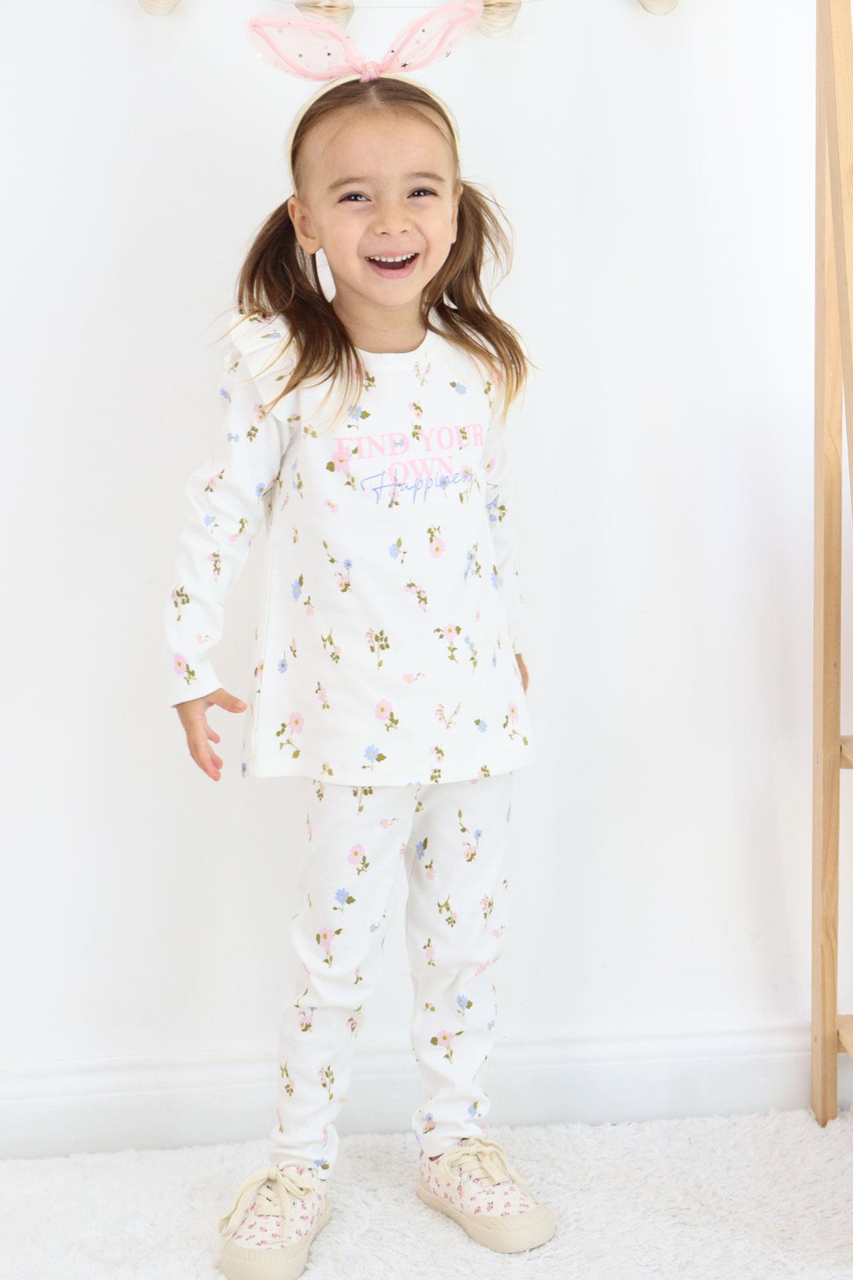 Breeze Kız Çocuk Taytlı Takım Renkli Çiçek Desenli Omuzu Fırfırlı Ekru (2-6 Yaş)