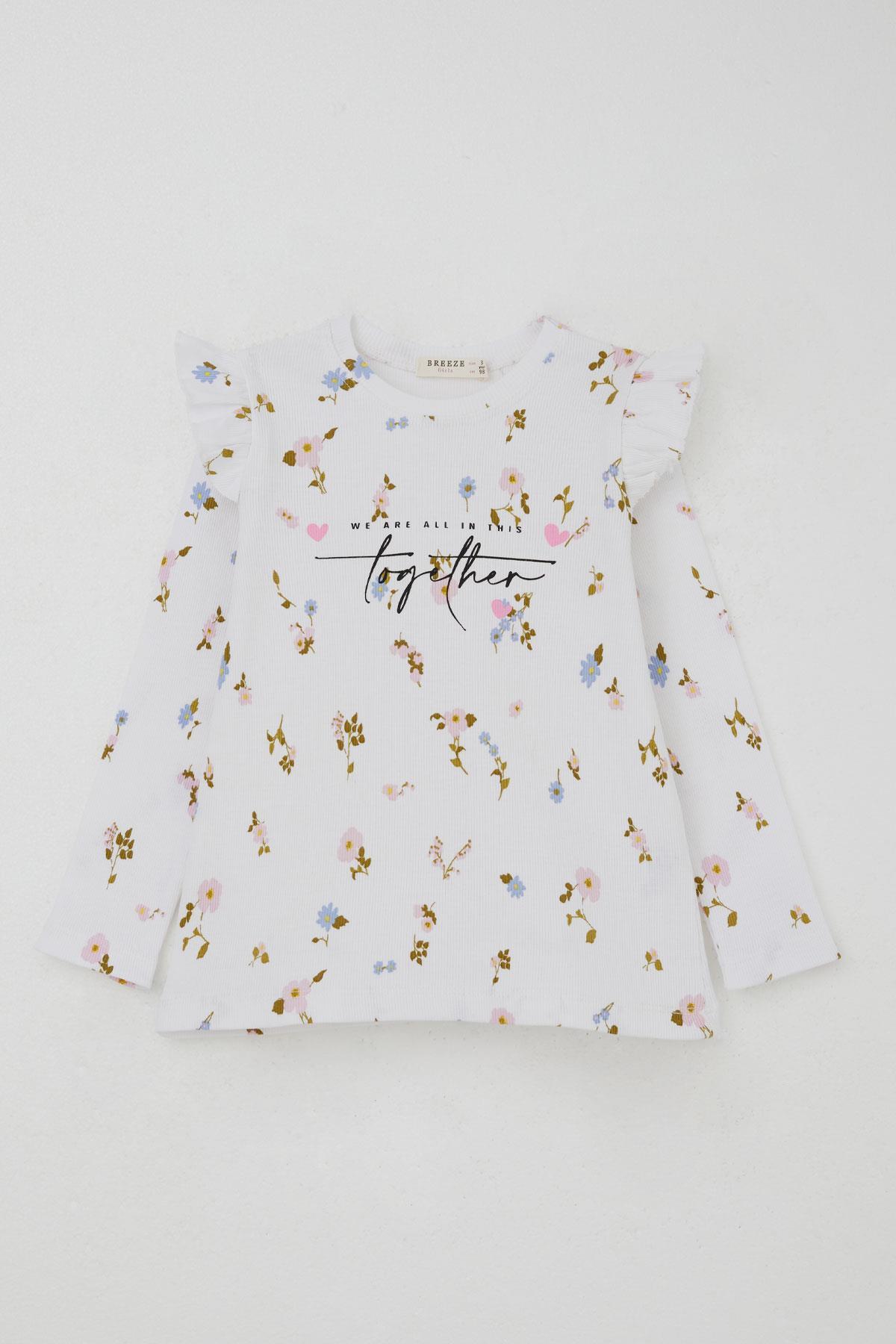 Breeze Kız Çocuk Taytlı Takım Renkli Çiçek Desenli Omuzu Fırfırlı Beyaz (2-6 Yaş)