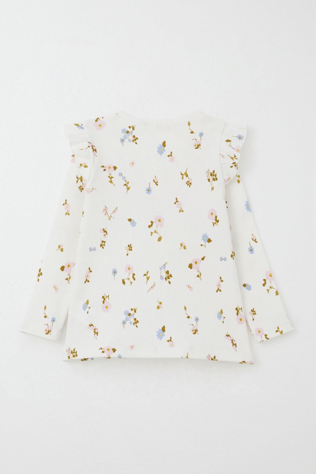 Breeze Kız Çocuk Taytlı Takım Renkli Çiçek Desenli Omuzu Fırfırlı Ekru (2-6 Yaş)