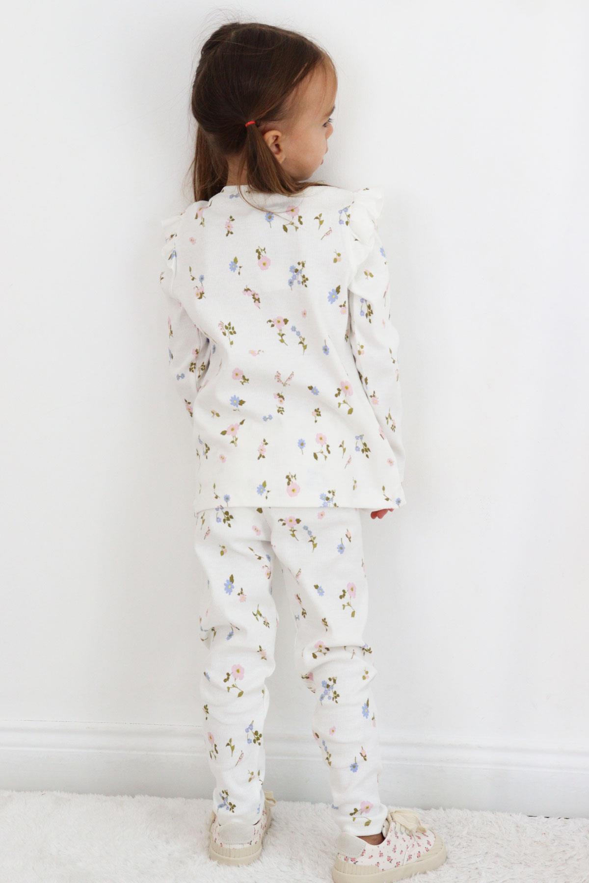 Breeze Kız Çocuk Taytlı Takım Renkli Çiçek Desenli Omuzu Fırfırlı Ekru (2-6 Yaş)