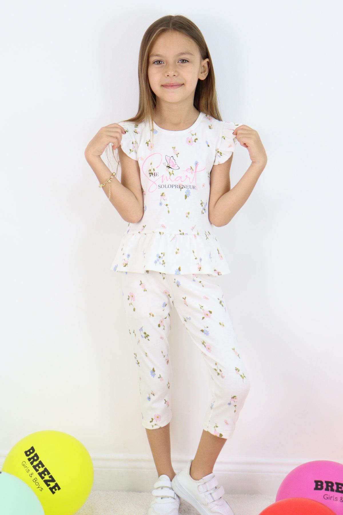 Breeze Kız Çocuk Taytlı Takım Renkli Çiçek Desenli Fırfırlı Ekru (2-6 Yaş)