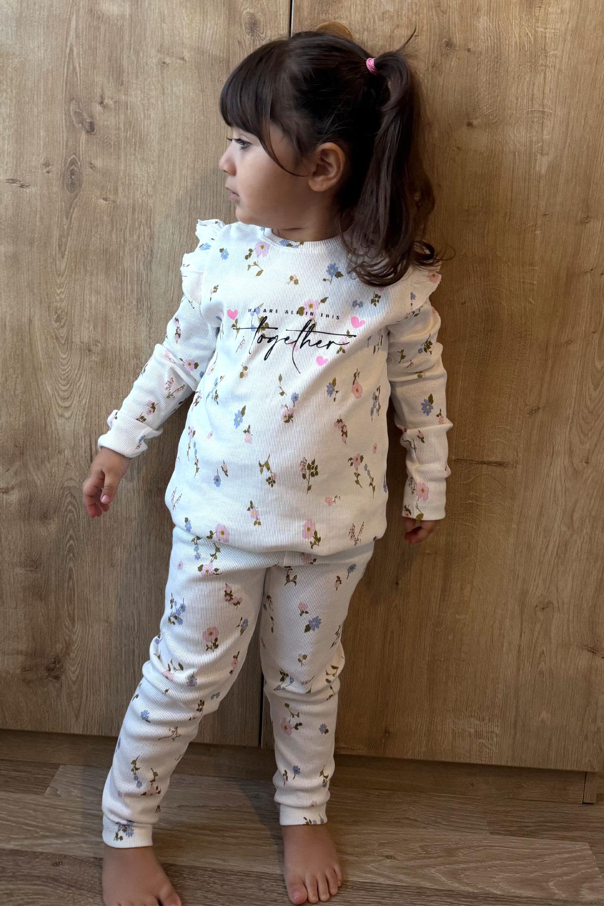 Breeze Kız Çocuk Taytlı Takım Renkli Çiçek Desenli Omuzu Fırfırlı Beyaz (2-6 Yaş)