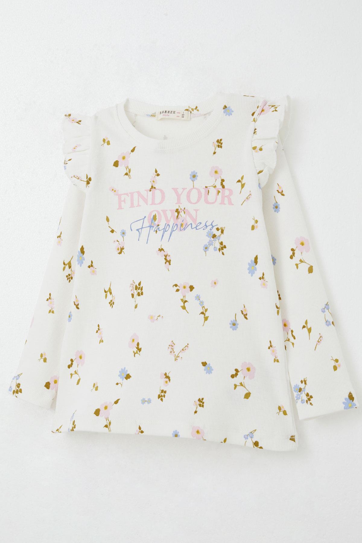 Breeze Kız Çocuk Taytlı Takım Renkli Çiçek Desenli Omuzu Fırfırlı Ekru (2-6 Yaş)