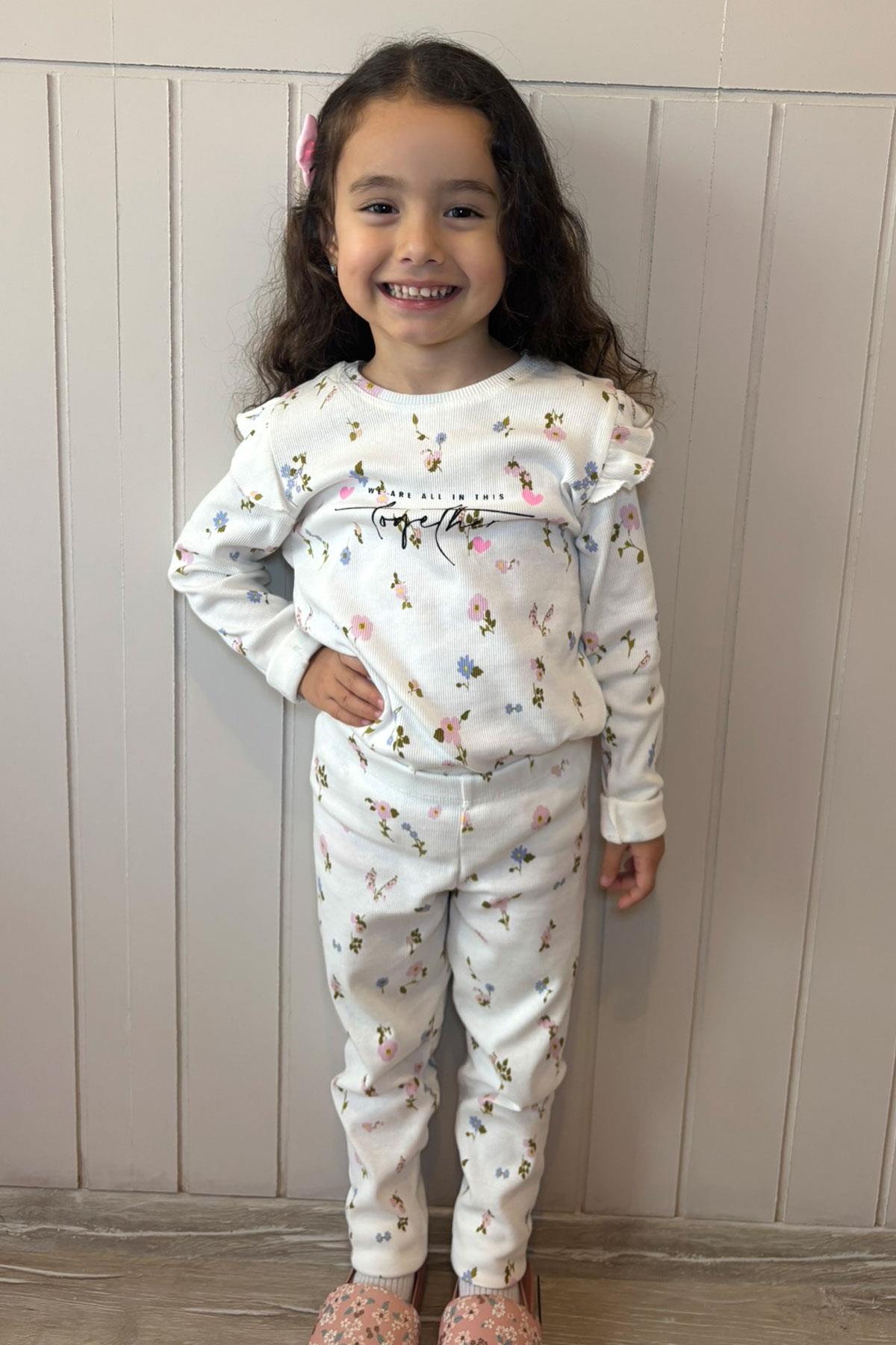 Breeze Kız Çocuk Taytlı Takım Renkli Çiçek Desenli Omuzu Fırfırlı Beyaz (2-6 Yaş)