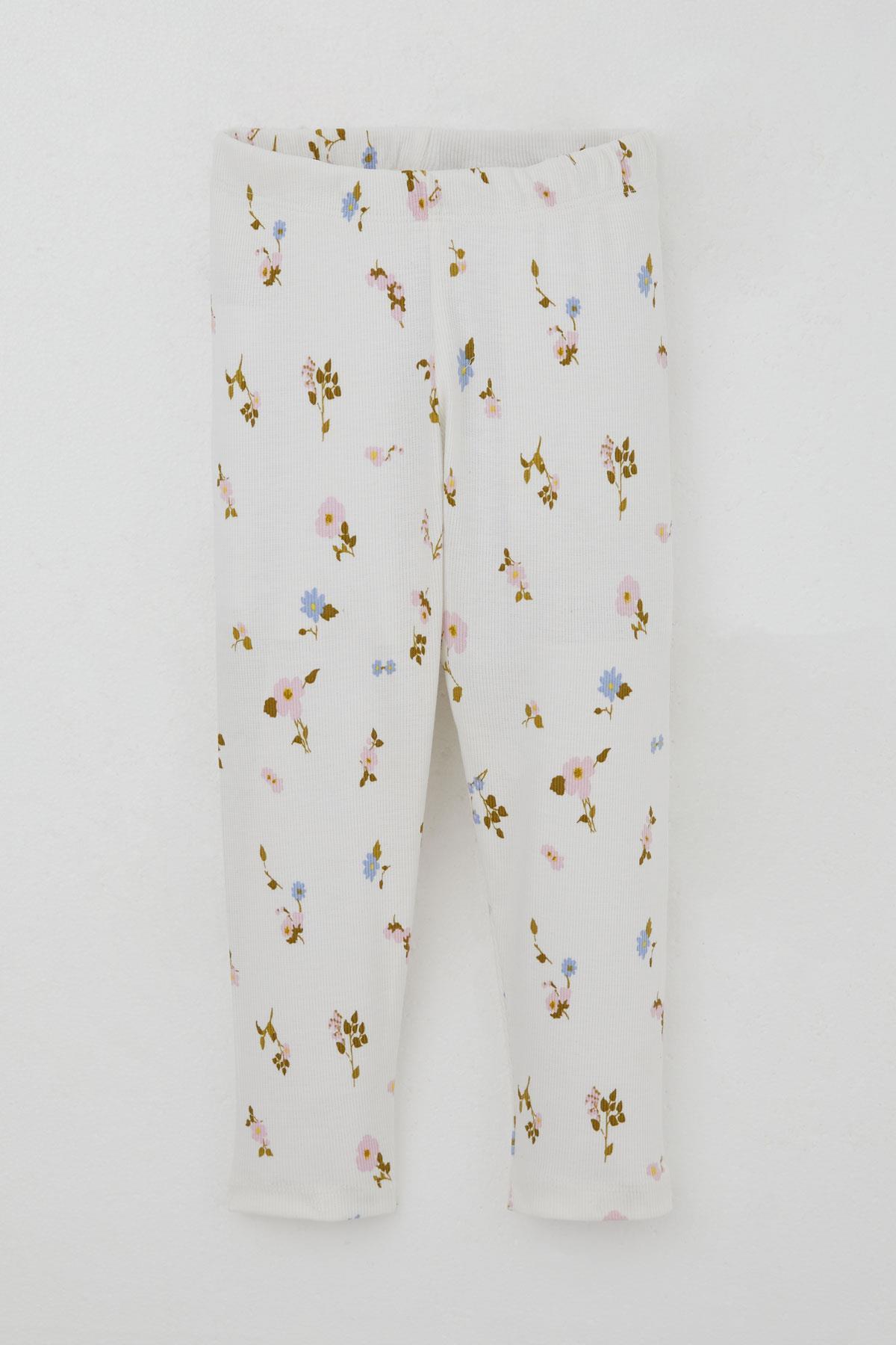 Breeze Kız Çocuk Taytlı Takım Renkli Çiçek Desenli Omuzu Fırfırlı Beyaz (2-6 Yaş)