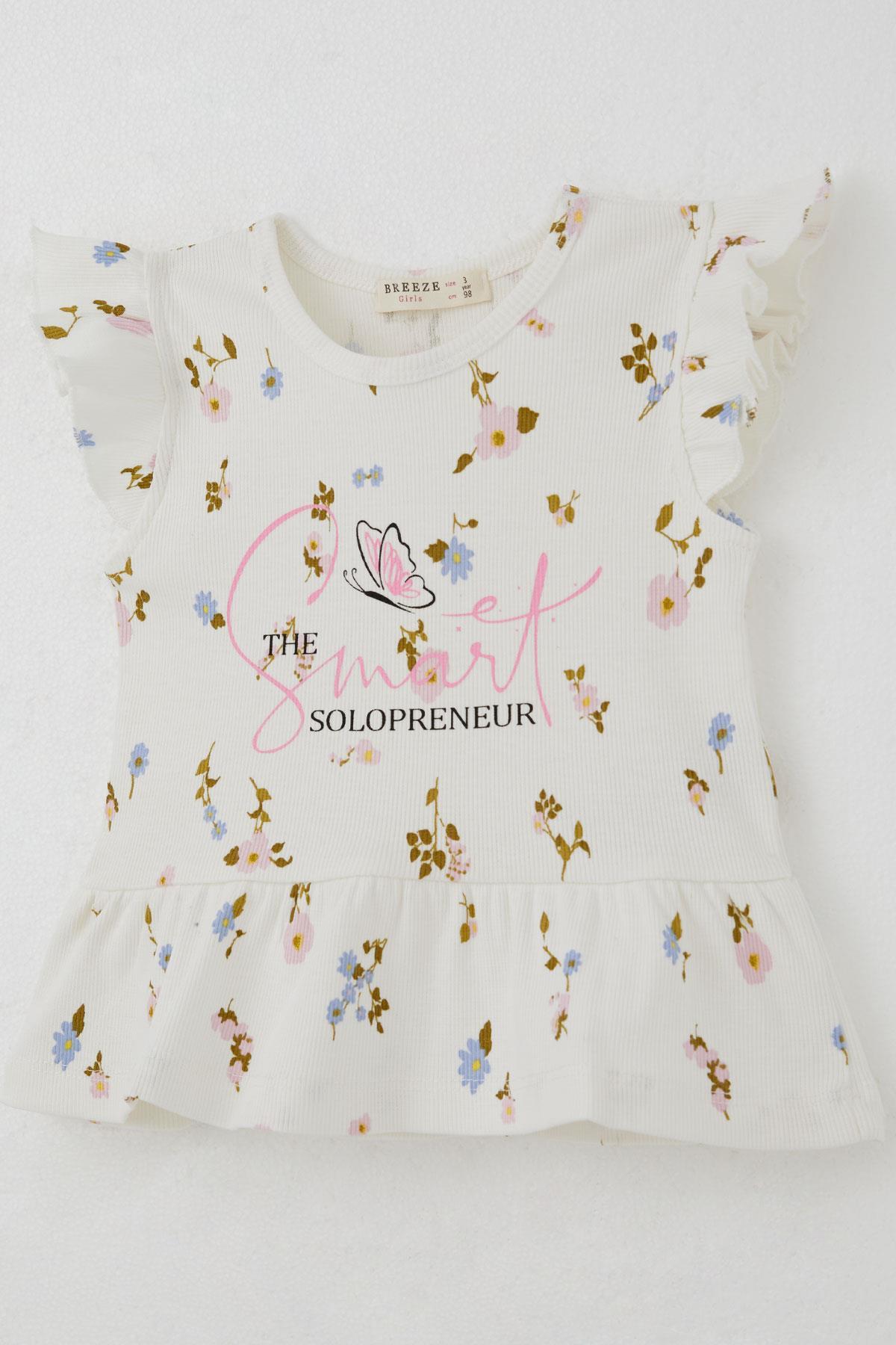 Breeze Kız Çocuk Taytlı Takım Renkli Çiçek Desenli Fırfırlı Ekru (2-6 Yaş)