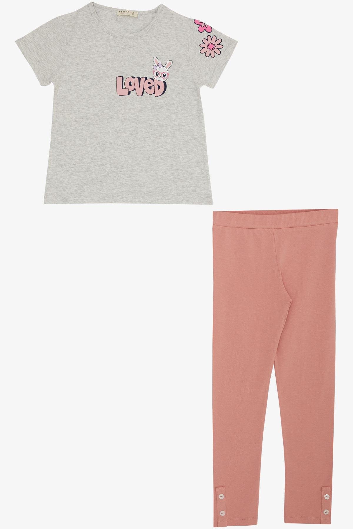 Breeze Kız Çocuk Taytlı Takım Sevgi Temalı Tavşancık Baskılı Açık Gri Melanj (4-8 Yaş)