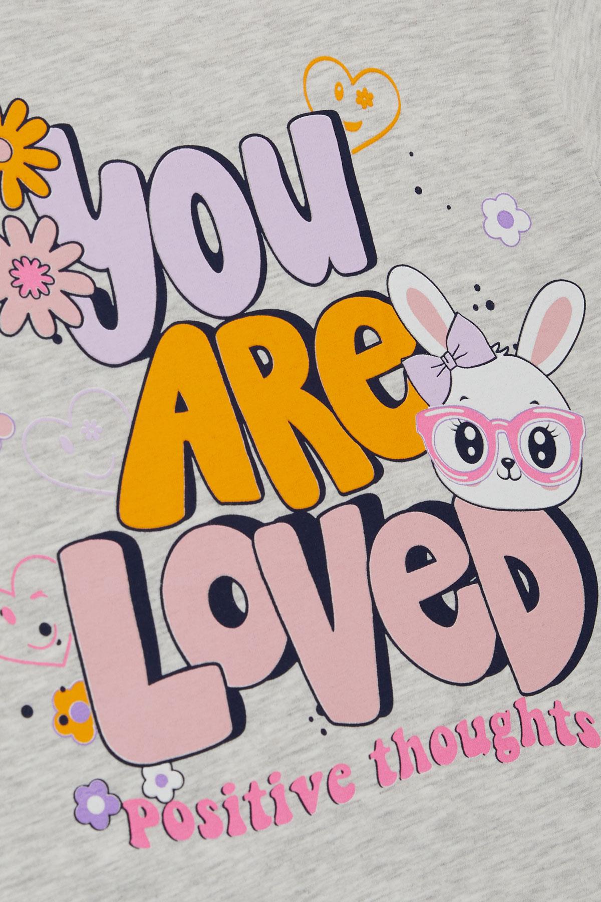 Breeze Kız Çocuk Taytlı Takım Sevgi Temalı Tavşancık Baskılı Açık Gri Melanj (4-8 Yaş)