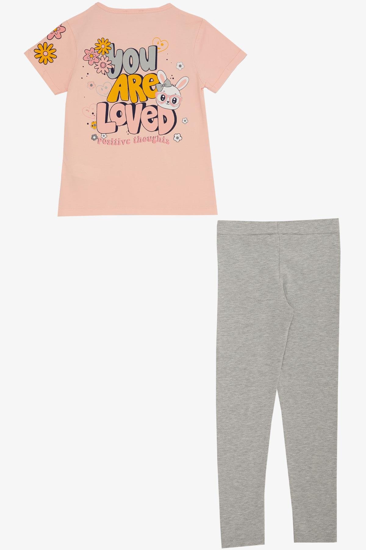 Breeze Kız Çocuk Taytlı Takım Sevgi Temalı Tavşancık Baskılı Somon (4-8 Yaş)