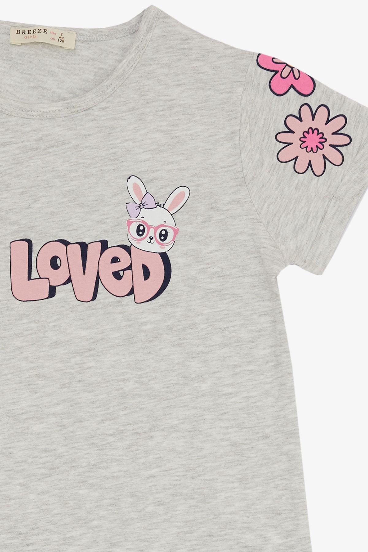 Breeze Kız Çocuk Taytlı Takım Sevgi Temalı Tavşancık Baskılı Açık Gri Melanj (4-8 Yaş)