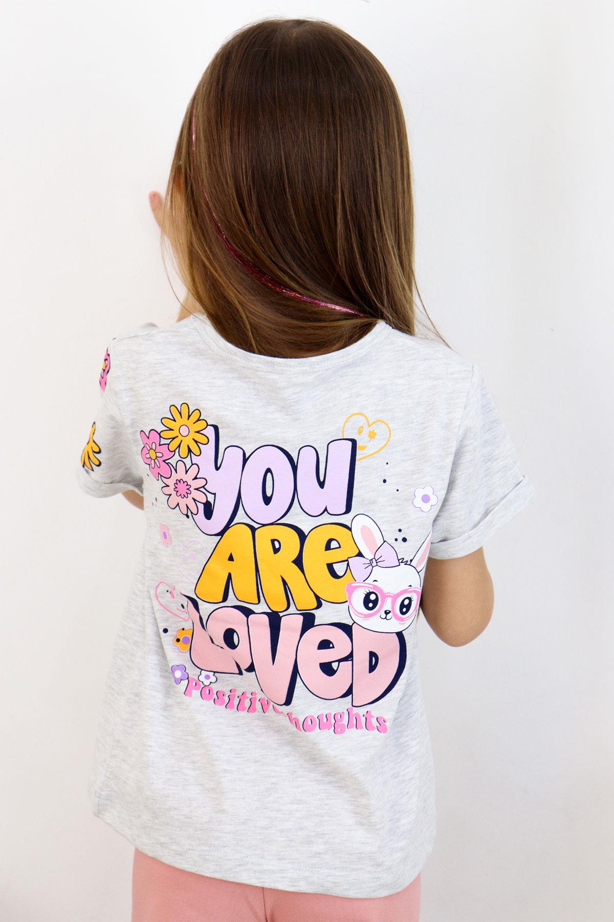 Breeze Kız Çocuk Taytlı Takım Sevgi Temalı Tavşancık Baskılı Açık Gri Melanj (4-8 Yaş)