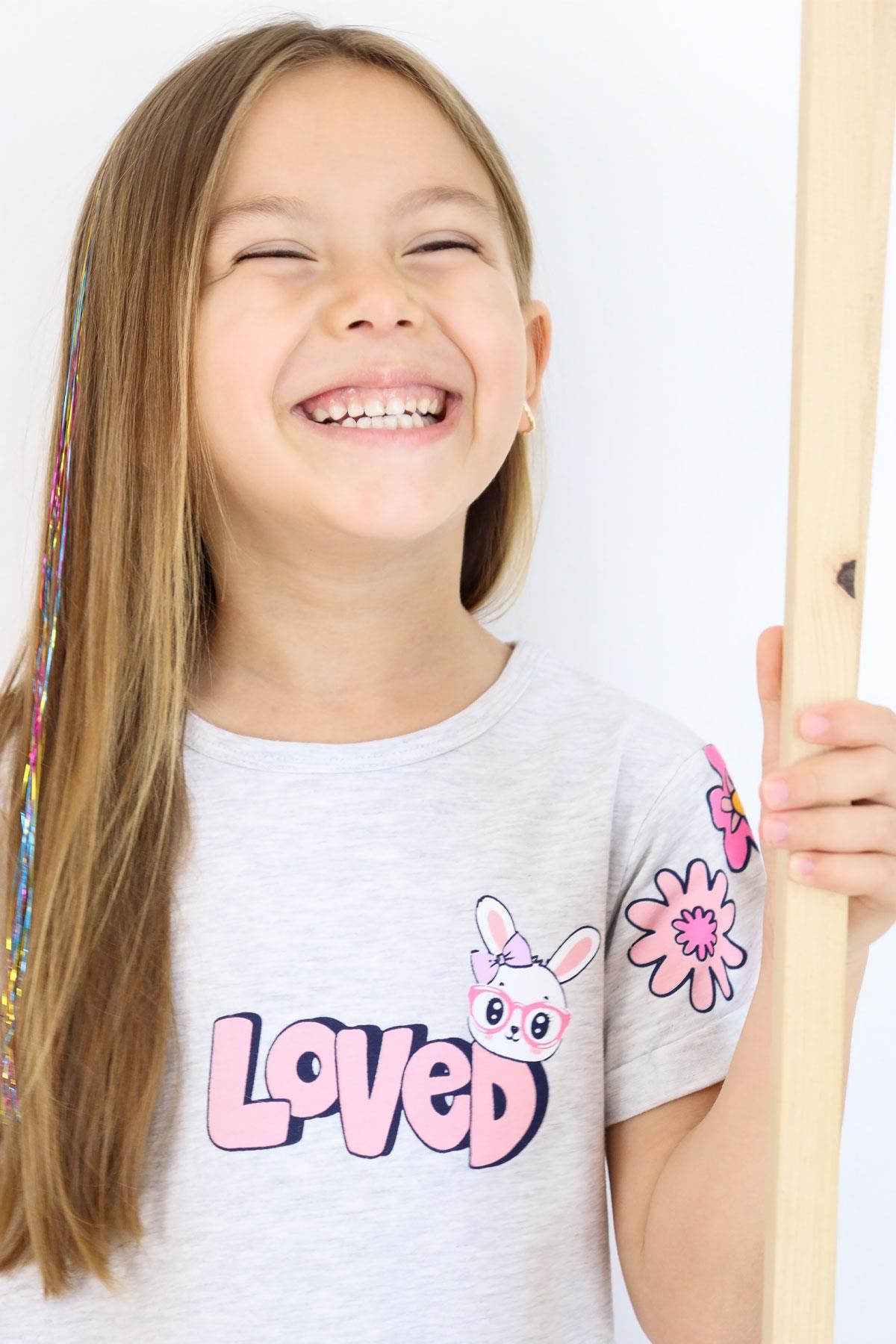 Breeze Kız Çocuk Taytlı Takım Sevgi Temalı Tavşancık Baskılı Açık Gri Melanj (4-8 Yaş)