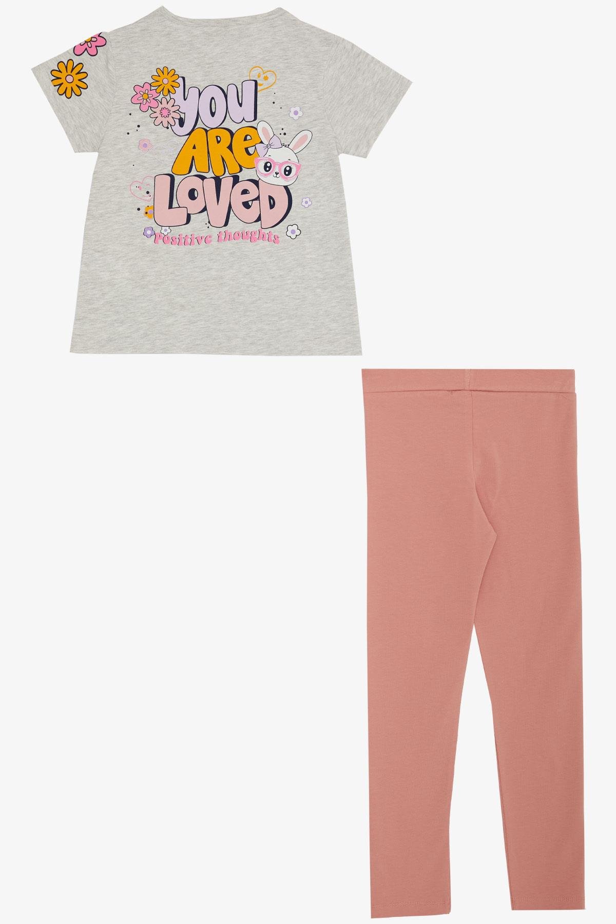 Breeze Kız Çocuk Taytlı Takım Sevgi Temalı Tavşancık Baskılı Açık Gri Melanj (4-8 Yaş)