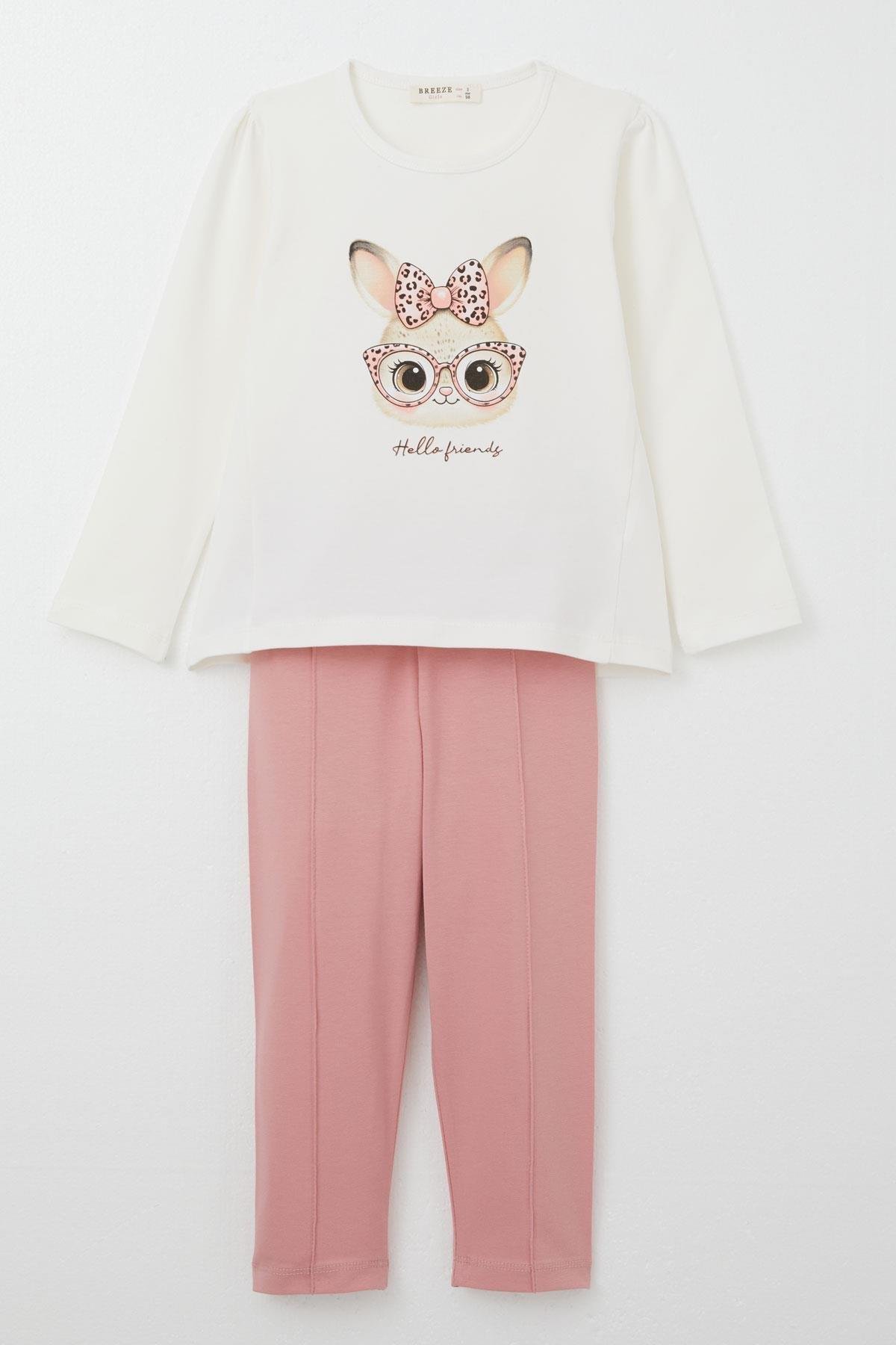 Breeze Kız Çocuk Taytlı Takım Sevimli Gözlüklü Tavşancık Ekru (2-6 Yaş)
