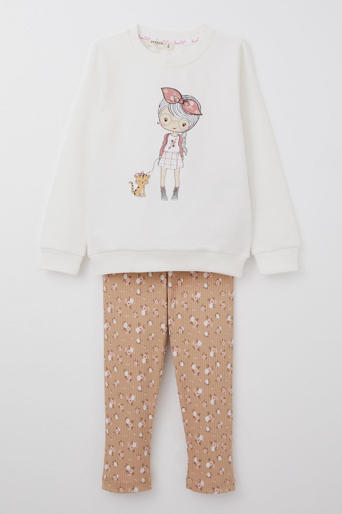 Breeze Kız Çocuk Taytlı Takım Sevimli Kız Baskılı Çiçekli Ekru (2-6 Yaş)