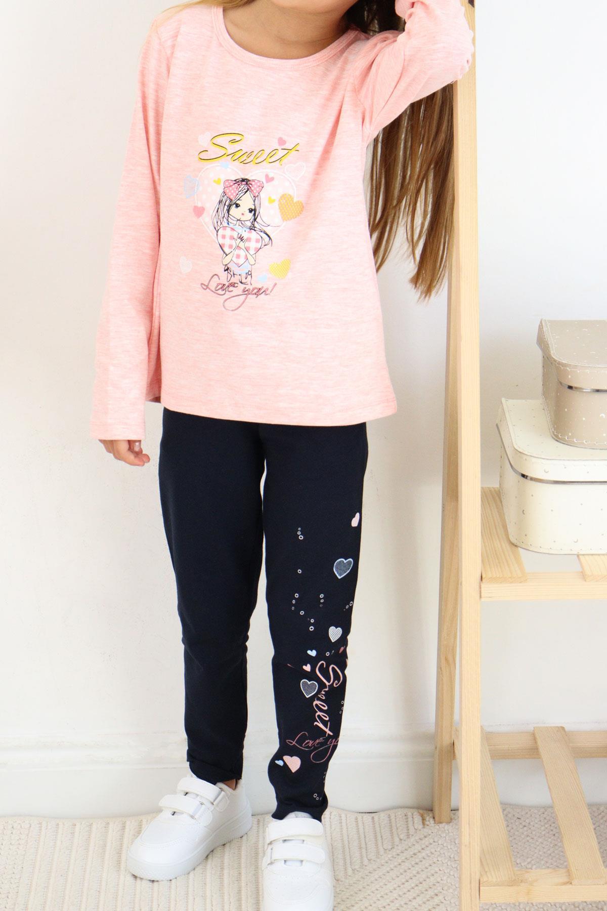 Breeze Kız Çocuk Taytlı Takım Sevimli Kız Baskılı Kalpli Somon Melanj (2-4 Yaş)