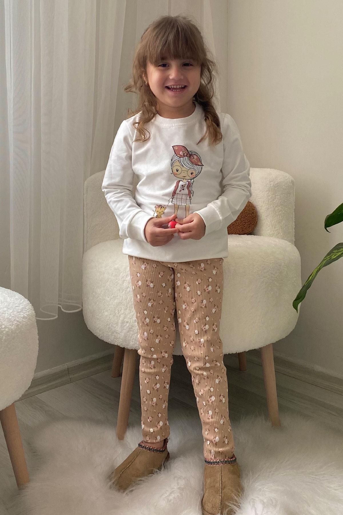 Breeze Kız Çocuk Taytlı Takım Sevimli Kız Baskılı Çiçekli Ekru (2-6 Yaş)