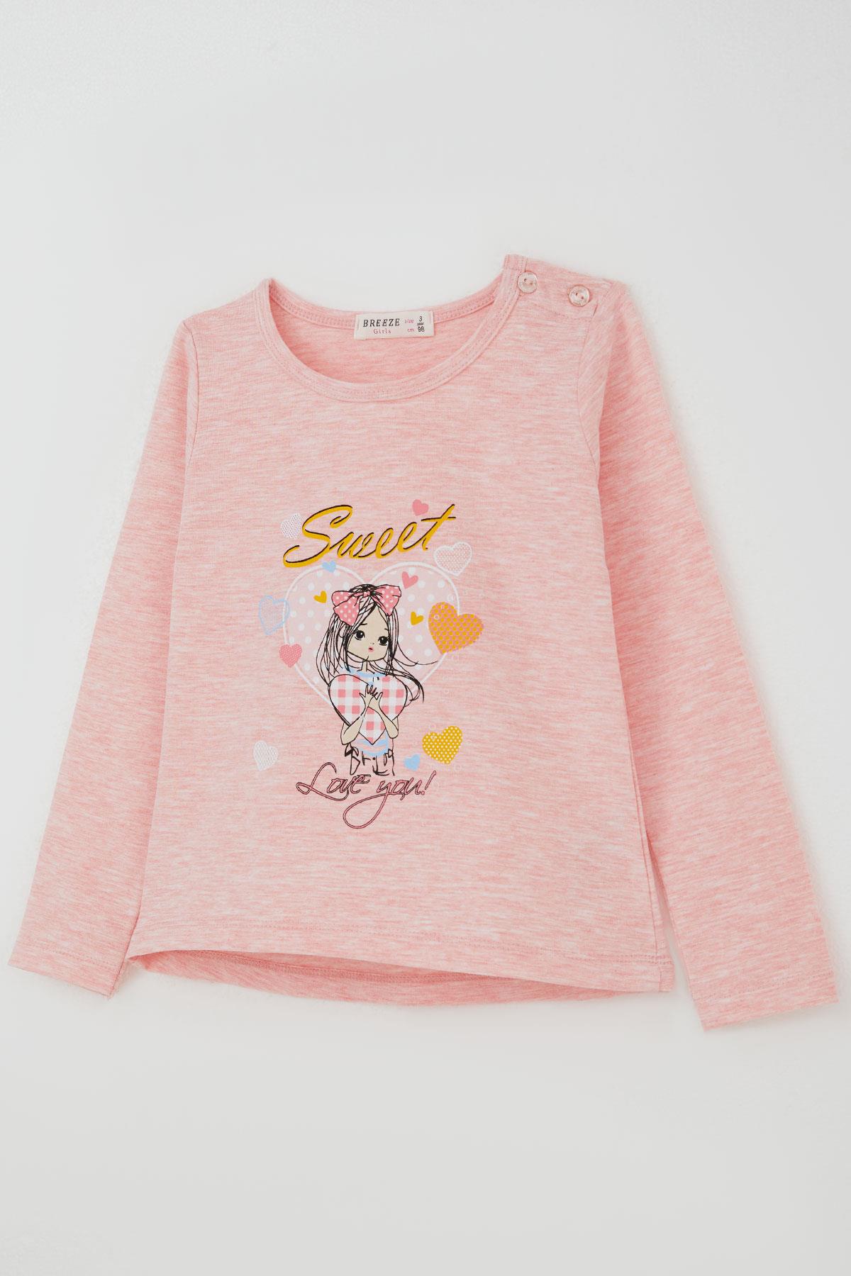 Breeze Kız Çocuk Taytlı Takım Sevimli Kız Baskılı Kalpli Somon Melanj (2-4 Yaş)