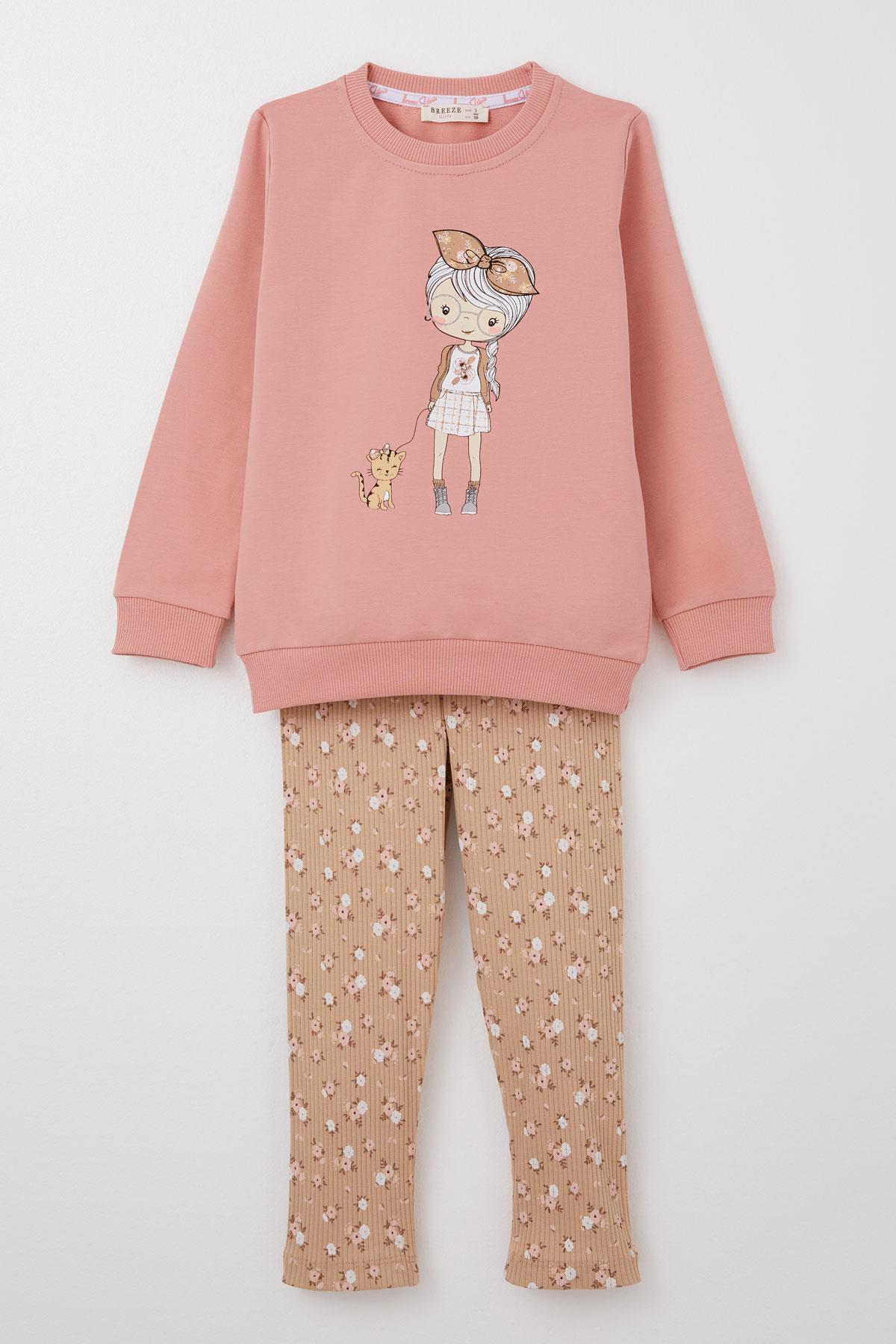Breeze Kız Çocuk Taytlı Takım Sevimli Kız Baskılı Çiçekli Gülkurusu (2-6 Yaş)