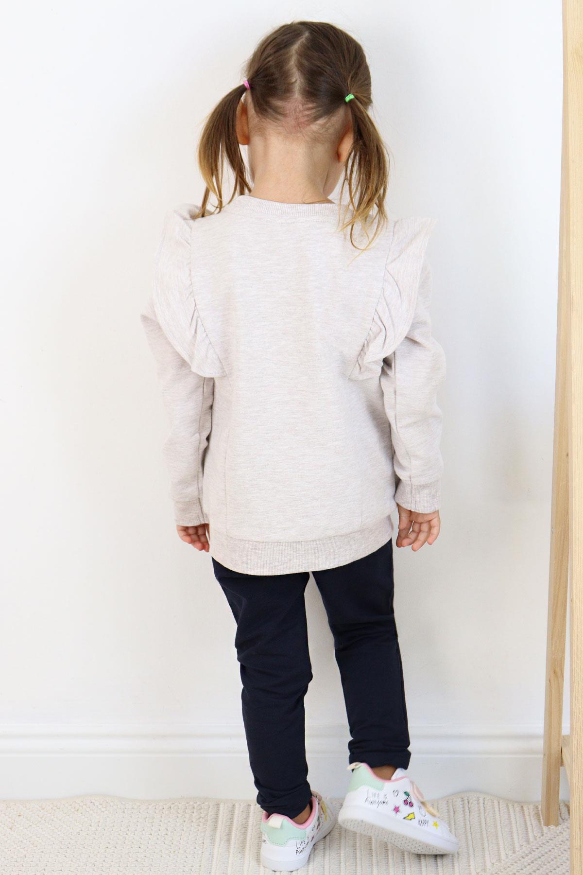 Breeze Kız Çocuk Taytlı Takım Sevimli Tavşancık Nakışlı Omuzu Fırfırlı Bej Melanj (2-6 Yaş)