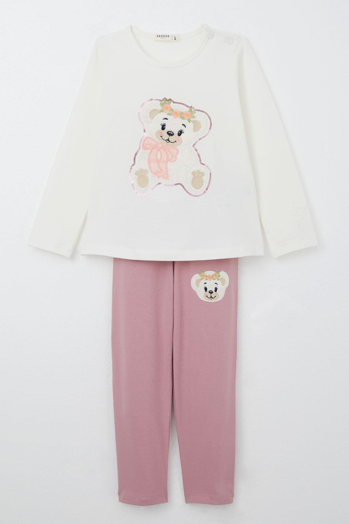 Breeze Kız Çocuk Taytlı Takım Sevimli Ayıcık Nakışlı Pullu Ekru (1.5-4 Yaş)
