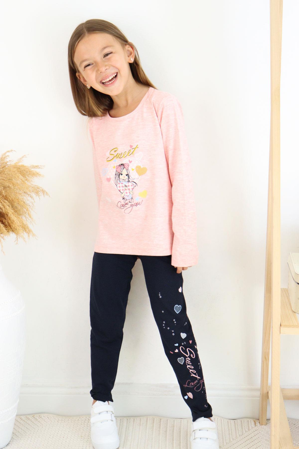 Breeze Kız Çocuk Taytlı Takım Sevimli Kız Baskılı Kalpli Somon Melanj (2-4 Yaş)