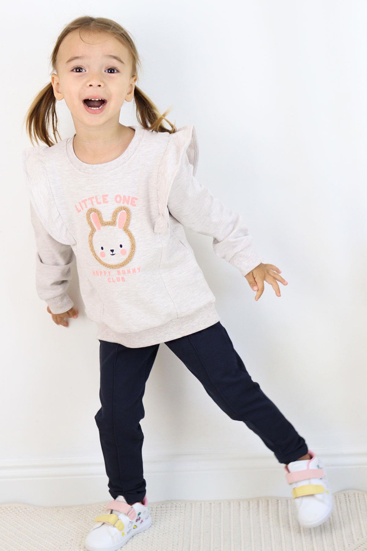 Breeze Kız Çocuk Taytlı Takım Sevimli Tavşancık Nakışlı Omuzu Fırfırlı Bej Melanj (2-6 Yaş)